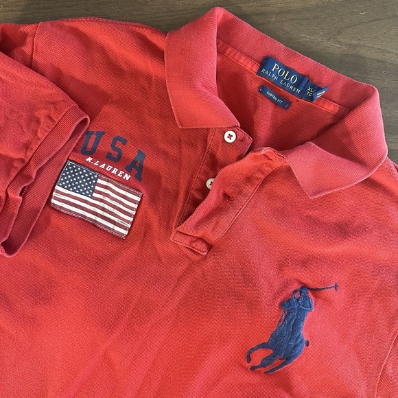 Polo Red USA Flag Big Pony Shirt Sleeve Polo Men's XL(L) Custom Fit Pique Read - Picture 1 of 11